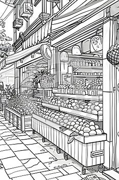 a black and white drawing of a grocery store filled with fruits and vegetables