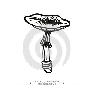 Black and white drawing of a hallucinogenic mushroom. A stylized image of a psilocybin mushroom. Vector illustration