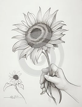 Black and White Drawing of Hand Holding Sunflower
