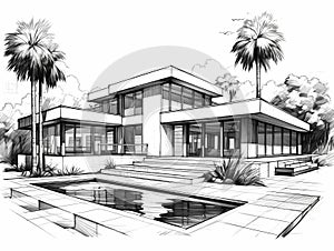 Black And White Drawing Of A House With A Pool