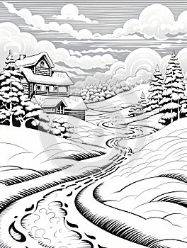 A Black And White Drawing Of A House And A Snowy Landscape, Kitzbhel Austria photo