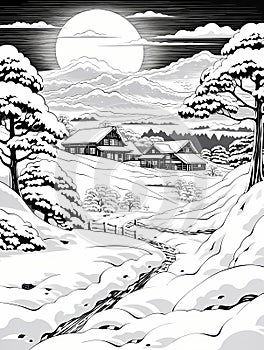 A Black And White Drawing Of Houses In A Snowy Landscape, Kitzbhel Austria photo