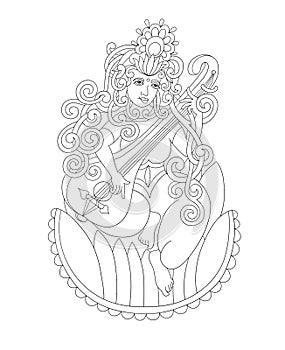 Black and white drawing of indian hindu goddess Saraswati