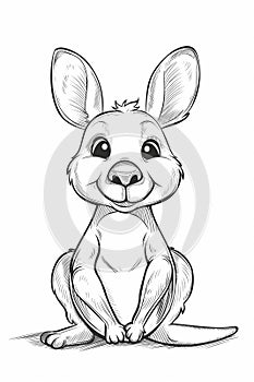 a black and white drawing of a kangaroo sitting down and smiling. sketch.