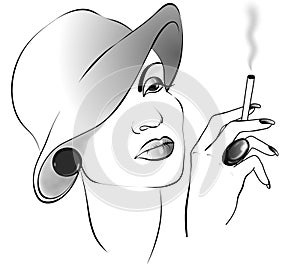Black&white drawing lady with cigarette in a hat