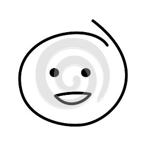 Black and white drawing of a laughing good-natured emoticon with open eyes