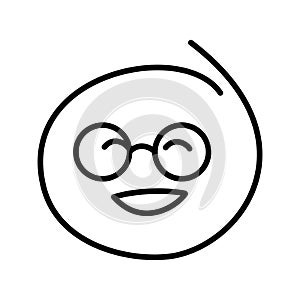 Black and white drawing of a laughing good-natured emoticon, smiley bespectacled man wearing round glasses with closed eyes