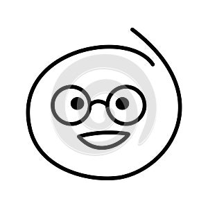 Black and white drawing of a laughing good-natured emoticon, smiley bespectacled man wearing round glasses with open eyes photo
