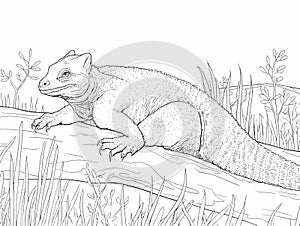 A Black And White Drawing Of A Lizard On A Log - A goanna basks in the warmth of the outdoors