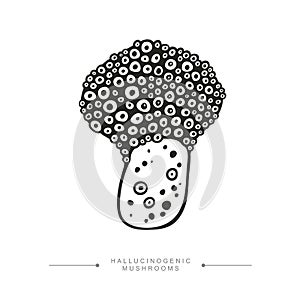 Black and white drawing of a magical surreal hallucinogenic mushroom. Toxic Fantasy Pslocybin Mushroom. Vector illustration