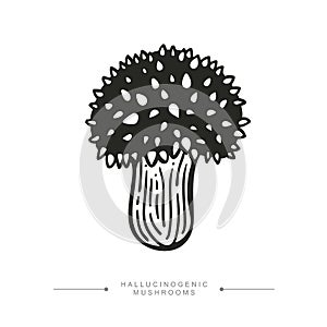 Black and white drawing of a magical surreal hallucinogenic mushroom. Toxic Fantasy Pslocybin Mushroom. Vector illustration