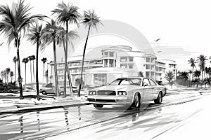 Black and white drawing of Miami. Retro car near a building with palm trees. Illustration for print