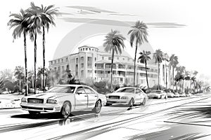 Black and white drawing of Miami. Retro car near a building with palm trees. Illustration for print