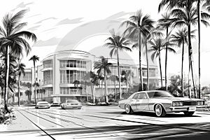 Black and white drawing of Miami. Retro car near a building with palm trees. Illustration for print
