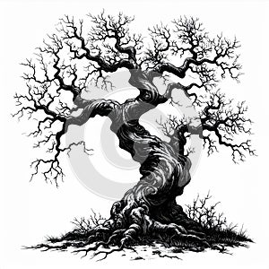 Black And White Drawing Of An Old Gnarled Tree