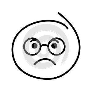 A black and white drawing of an ordinary emoticon, smiley bespectacled man wearing round glasses with closed eyes is sad, offended photo