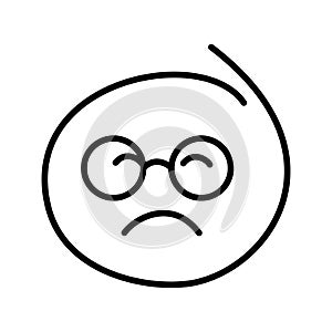 A black and white drawing of an ordinary emoticon, smiley bespectacled man wearing round glasses with closed eyes is sad, offended photo