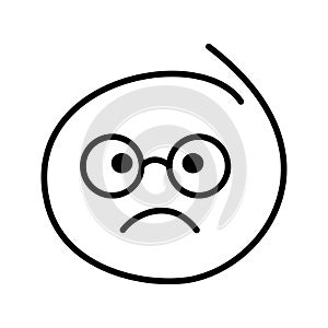 A black and white drawing of an ordinary emoticon, smiley bespectacled man wearing round glasses with open eyes is sad, offended photo