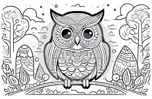 Black and white drawing of an owl on a branch in the forest. printmaking style photo