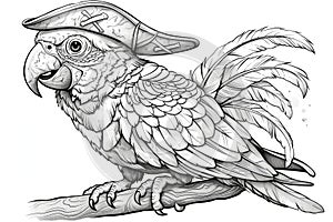 A black and white drawing of a parrot wearing a pirate hat, coloring book for kids.