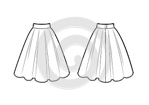 Black and white drawing of pleated skirt, vector illustration isolated on white background