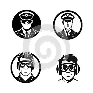 Black and white drawing of portraits of male pilots in glasses and caps. For your design