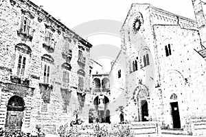 Black and white drawing representing one of the squares of the historic center and the facade of the cathedral in Bitonto in