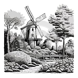 Black and white drawing of a rural landscape. Windmill and trees on a white background. For your logo or sticker design