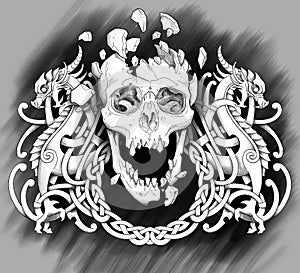 black and white drawing of a skull with shadows