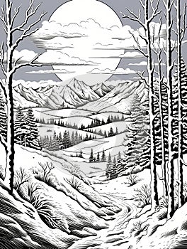 A Black And White Drawing Of A Snowy Landscape, Aspen Snowmass Colorado