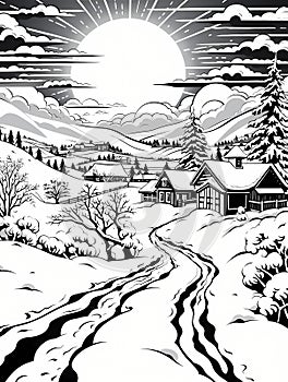 A Black And White Drawing Of A Snowy Landscape, Kitzbhel Austria photo