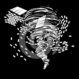 Black-and-white drawing of a tornado that destroys a brick building
