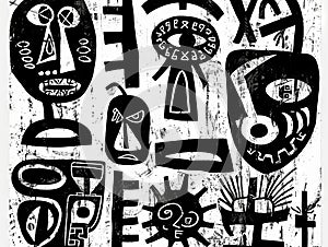 A black and white drawing of various faces