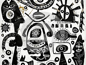 A black and white drawing of various faces