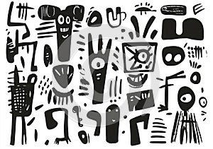 A black and white drawing of various faces and objects