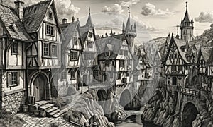 A black and white drawing of a village with a castle in the background.