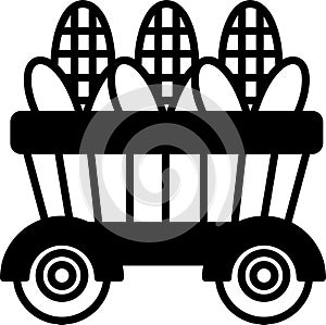 A black and white drawing of a wagon with three ears of corn in it