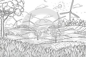 A black and white drawing of wind turbines in a field, coloring book for kids.