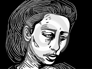 A Black And White Drawing Of A Woman - bust of 25 year old woman lino cut