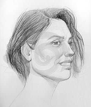 Black and white drawing of a woman face with a slight smile photo