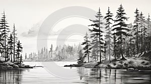 Black And White Drawings Of Trees On A Lake - Digital Painting