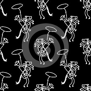 Black and white drawn stick figure of cowboy with lasso western clip art. Wild masculine horseback rider for monochrome