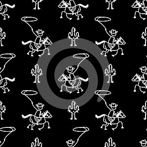 Black and white drawn stick figure of horseback cowboy with lasso clip art. Wild masculine cactus plant for monochrome