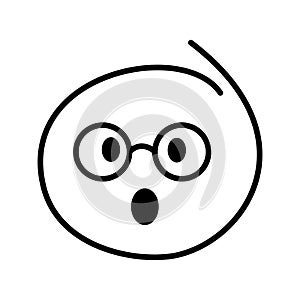 Black and white drawn surprised emoji, smiley bespectacled man wearing round glasses with eyes wide open and mouth wide open photo