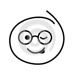 Black and white drawn winking emoticon smile bespectacled with round glasses and tongue sticking out on the side. Licks himself photo