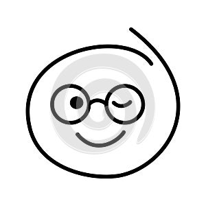 Black and white drawn winking emoticon smiling, smiley bespectacled man wearing round glasses photo