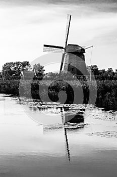 Black and white Dutch windmill