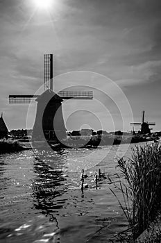 Black and white Dutch windmill