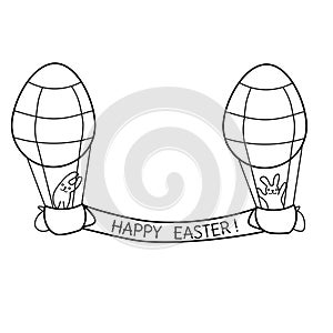 Black and white easter aeronaut photographer rabbit. Coloring book page for adults and kids. Easter themed vector illustration for