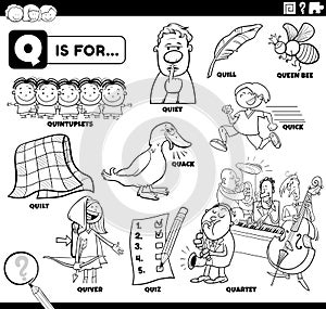 Letter q words educational set coloring book page